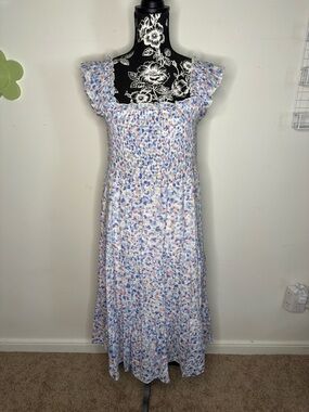 Smocked Midi Dress in Blue, Pink, & Lavender Leopard Print, Sz Lg